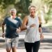 Retirement, couple and running fitness health for body and heart wellness with natural ageing. Married, mature and senior people enjoy nature run together for cardiovascular vitality workout.