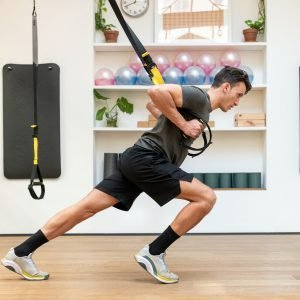 Muscular sportsman exercising on TRX straps in gym