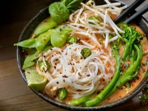 Thai Red Curry Noodle Soup with Broccoli and Basil
