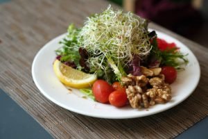 Green Salad with Alfalfa Sprouts, Cherry Tomatoes, and Walnuts