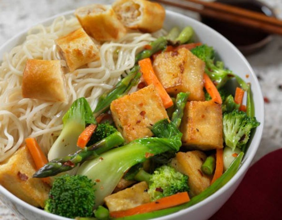 Tofu Noodle Bowl with Vegetable Spring Roll