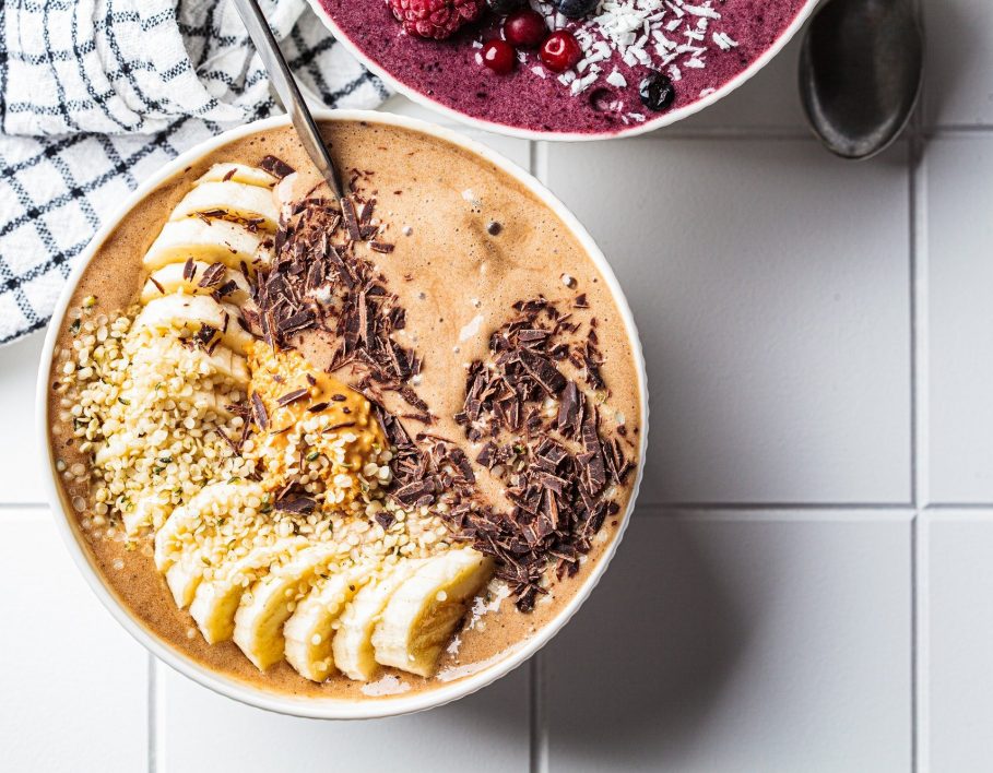 Chocolate smoothie bowl with banana, peanut butter and hemp seeds