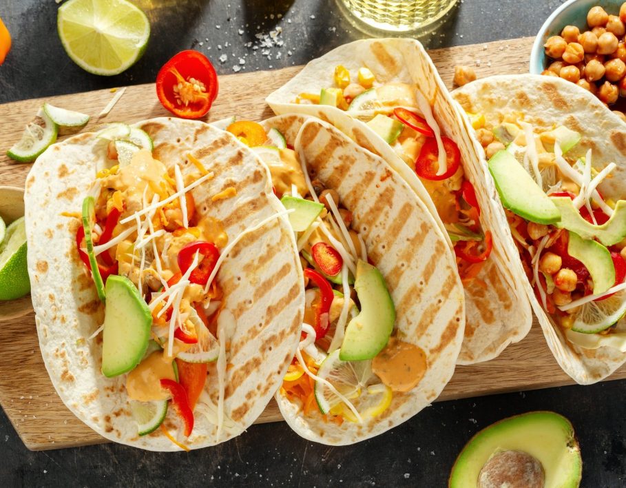Fresh homemade appetizing vegan tacos