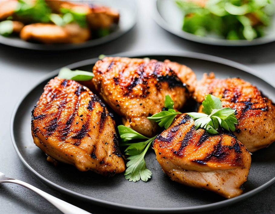 Grilled chicken legs. Grilled BBQ chicken legs with sesame and parsley